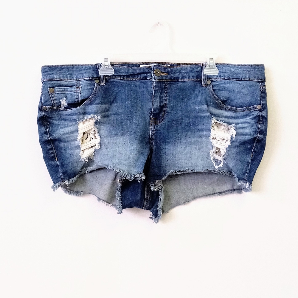 Torrid Distressed Frayed Hem Lace Jean Shorts